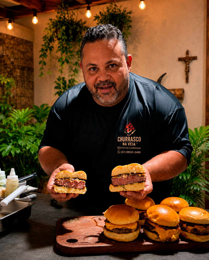 Foto do Leandro segurando dois suculentos hamburgueres